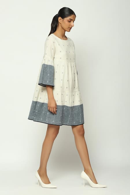 Buy Abraham And Thakore Ivory Cotton Round Neck Jamdani Dot Pattern Bell Sleeves Dress Online at Aza Fashions Buy_Abraham And Thakore_Ivory Cotton Round Neck Jamdani Dot Pattern Bell Sleeves Dress_Online_at_Aza_Fashions