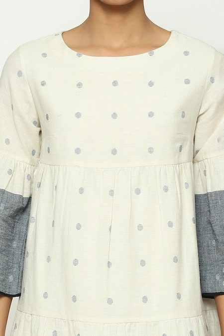 Shop Abraham And Thakore Ivory Cotton Round Neck Jamdani Dot Pattern Bell Sleeves Dress Online at Aza Fashions Shop_Abraham And Thakore_Ivory Cotton Round Neck Jamdani Dot Pattern Bell Sleeves Dress_Online_at_Aza_Fashions