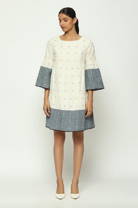 Buy Abraham And Thakore Ivory Cotton Round Neck Jamdani Dot Pattern Bell Sleeves Dress Buy_Abraham And Thakore_Ivory Cotton Round Neck Jamdani Dot Pattern Bell Sleeves Dress