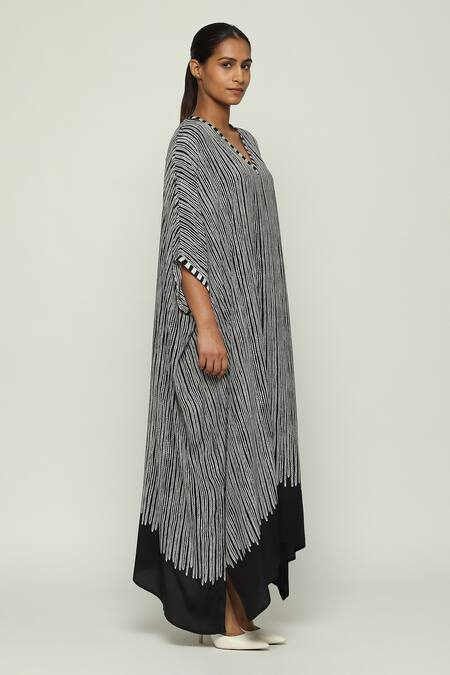 Buy_Abraham And Thakore_Black Silk, Crepe Embroidery V-neck Crewel Print Kaftan_Online_at_Aza_Fashions