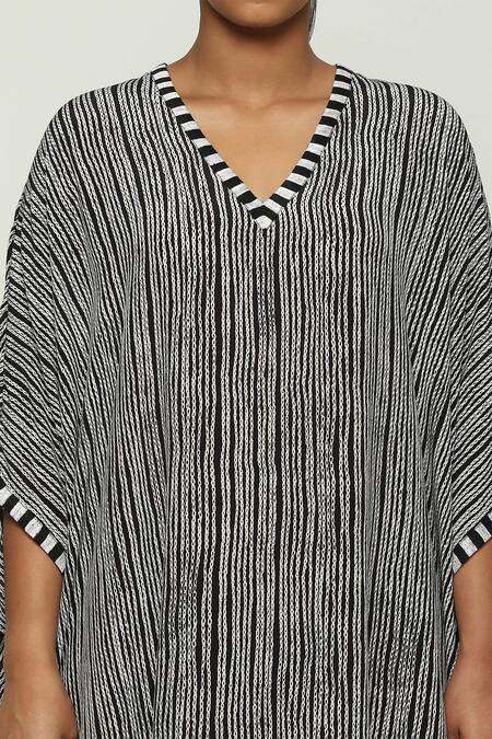 Shop_Abraham And Thakore_Black Silk, Crepe Embroidery V-neck Crewel Print Kaftan_Online_at_Aza_Fashions