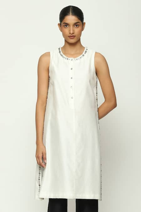 ABRAHAM AND THAKORE Ivory Chanderi Embellished Mother Of Pearl Button Round Neck Tunic 