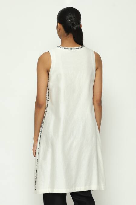 Shop Abraham And Thakore Ivory Chanderi Embroidery Round Neck Mother Of Pearl Tunic at Aza Fashions Shop_Abraham And Thakore_Ivory Chanderi Embroidery Round Neck Mother Of Pearl Tunic_at_Aza_Fashions