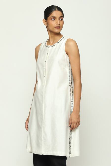 Abraham And Thakore Ivory Chanderi Embroidery Round Neck Mother Of Pearl Tunic Online at Aza Fashions Abraham And Thakore_Ivory Chanderi Embroidery Round Neck Mother Of Pearl Tunic_Online_at_Aza_Fashions
