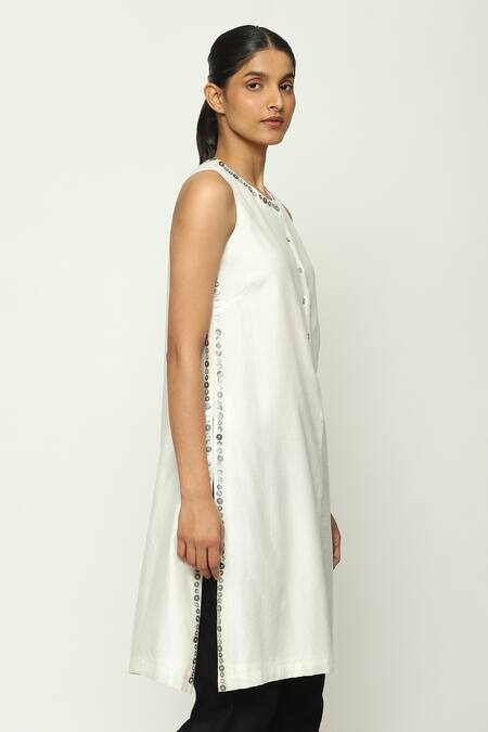 Buy Abraham And Thakore Ivory Chanderi Embroidery Round Neck Mother Of Pearl Tunic Online at Aza Fashions Buy_Abraham And Thakore_Ivory Chanderi Embroidery Round Neck Mother Of Pearl Tunic_Online_at_Aza_Fashions