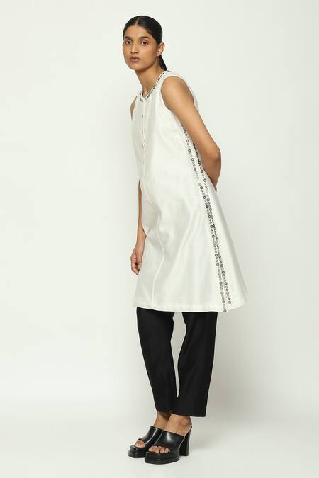 Shop Abraham And Thakore Ivory Chanderi Embroidery Round Neck Mother Of Pearl Tunic Online at Aza Fashions Shop_Abraham And Thakore_Ivory Chanderi Embroidery Round Neck Mother Of Pearl Tunic_Online_at_Aza_Fashions