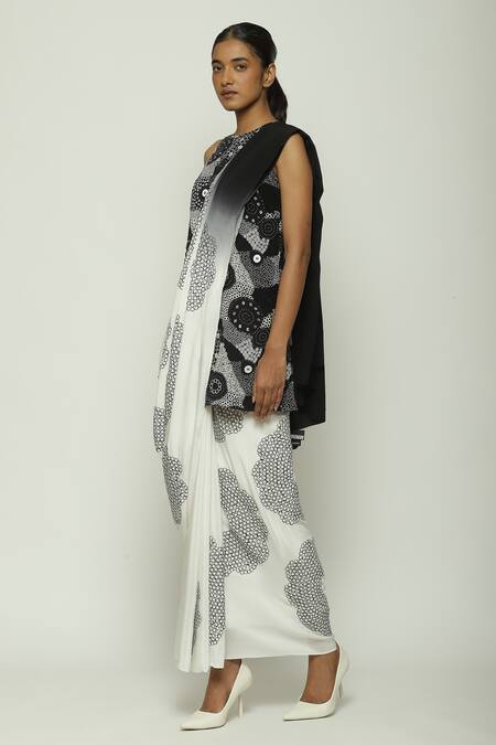 Abraham And Thakore_Black Silk, Crepe, Denim Sequins Circlet Fleur Ombre Saree_Online_at_Aza_Fashions