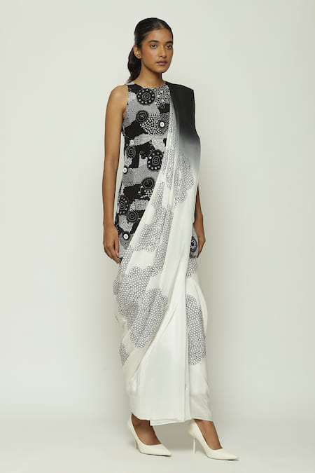 Buy_Abraham And Thakore_Black Silk, Crepe, Denim Sequins Circlet Fleur Ombre Saree_Online_at_Aza_Fashions