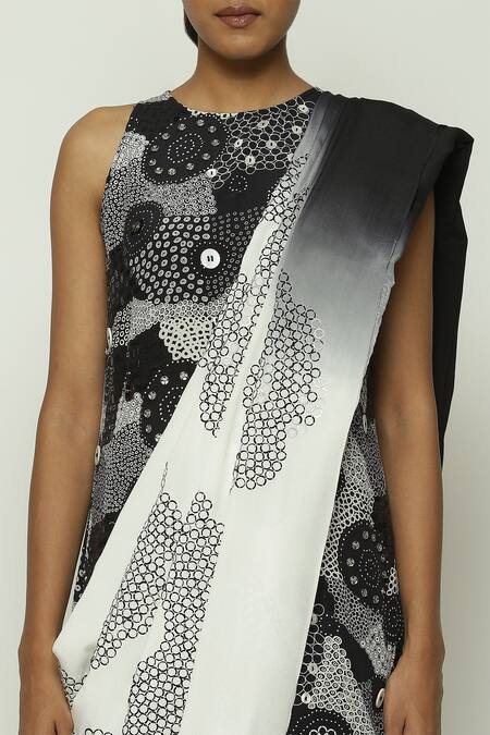 Shop_Abraham And Thakore_Black Silk, Crepe, Denim Sequins Circlet Fleur Ombre Saree_Online_at_Aza_Fashions