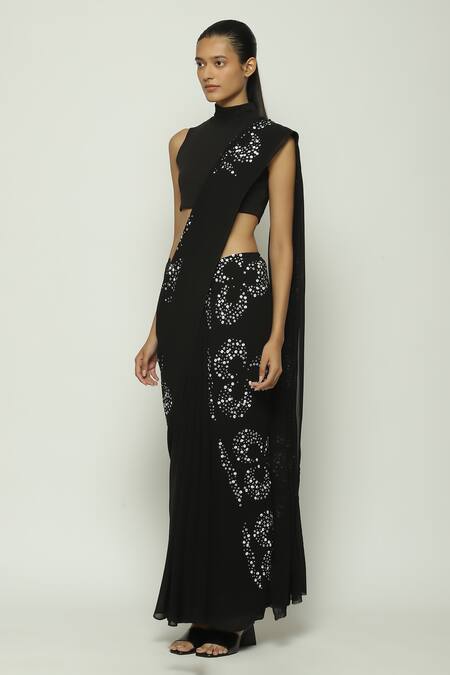 Abraham And Thakore_Black Silk, Crepe Sequins, Beads Ottoman Turkish Moon Embroidered Saree_Online_at_Aza_Fashions