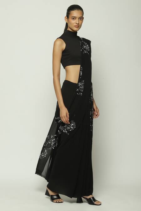 Buy_Abraham And Thakore_Black Silk, Crepe Sequins, Beads Ottoman Turkish Moon Embroidered Saree_Online_at_Aza_Fashions