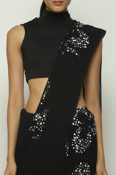Shop_Abraham And Thakore_Black Silk, Crepe Sequins, Beads Ottoman Turkish Moon Embroidered Saree_Online_at_Aza_Fashions