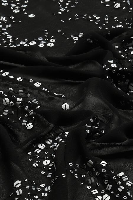 Abraham And Thakore_Black Silk, Crepe Sequins, Beads Ottoman Turkish Moon Embroidered Saree_at_Aza_Fashions