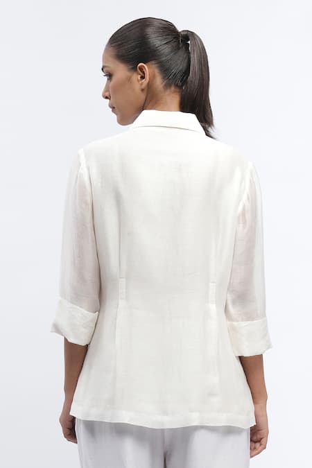 Shop Abraham And Thakore Ivory Chanderi Embroidery Collared Mother Of Pearl Button Embellished Shirt at Aza Fashions Shop_Abraham And Thakore_Ivory Chanderi Embroidery Collared Mother Of Pearl Button Embellished Shirt_at_Aza_Fashions
