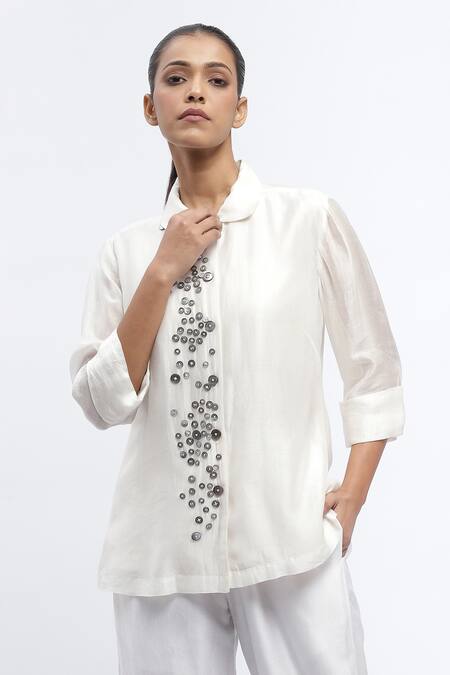 Abraham And Thakore Ivory Chanderi Embroidery Collared Mother Of Pearl Button Embellished Shirt Online at Aza Fashions Abraham And Thakore_Ivory Chanderi Embroidery Collared Mother Of Pearl Button Embellished Shirt_Online_at_Aza_Fashions