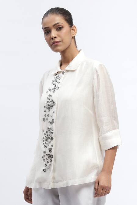 Buy Abraham And Thakore Ivory Chanderi Embroidery Collared Mother Of Pearl Button Embellished Shirt Online at Aza Fashions Buy_Abraham And Thakore_Ivory Chanderi Embroidery Collared Mother Of Pearl Button Embellished Shirt_Online_at_Aza_Fashions