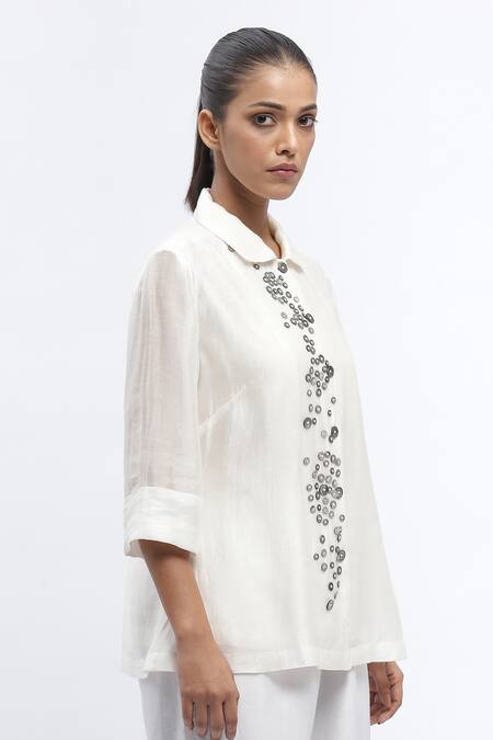 Shop Abraham And Thakore Ivory Chanderi Embroidery Collared Mother Of Pearl Button Embellished Shirt Online at Aza Fashions Shop_Abraham And Thakore_Ivory Chanderi Embroidery Collared Mother Of Pearl Button Embellished Shirt_Online_at_Aza_Fashions