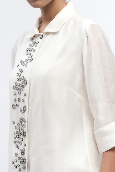 Abraham And Thakore Ivory Chanderi Embroidery Collared Mother Of Pearl Button Embellished Shirt at Aza Fashions Abraham And Thakore_Ivory Chanderi Embroidery Collared Mother Of Pearl Button Embellished Shirt_at_Aza_Fashions