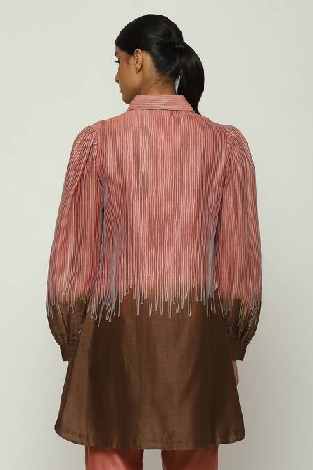 Shop Abraham And Thakore Red Chanderi Embroidery Collared Crewel Ombre Shirt at Aza Fashions Shop_Abraham And Thakore_Red Chanderi Embroidery Collared Crewel Ombre Shirt_at_Aza_Fashions