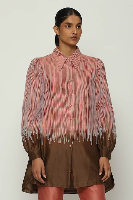 Abraham And Thakore Red Chanderi Embroidery Collared Crewel Ombre Shirt Online at Aza Fashions Abraham And Thakore_Red Chanderi Embroidery Collared Crewel Ombre Shirt_Online_at_Aza_Fashions