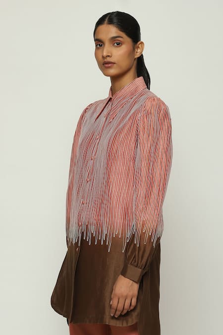 Buy Abraham And Thakore Red Chanderi Embroidery Collared Crewel Ombre Shirt Online at Aza Fashions Buy_Abraham And Thakore_Red Chanderi Embroidery Collared Crewel Ombre Shirt_Online_at_Aza_Fashions