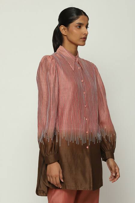 Shop Abraham And Thakore Red Chanderi Embroidery Collared Crewel Ombre Shirt Online at Aza Fashions Shop_Abraham And Thakore_Red Chanderi Embroidery Collared Crewel Ombre Shirt_Online_at_Aza_Fashions