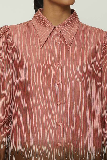 Abraham And Thakore Red Chanderi Embroidery Collared Crewel Ombre Shirt at Aza Fashions Abraham And Thakore_Red Chanderi Embroidery Collared Crewel Ombre Shirt_at_Aza_Fashions