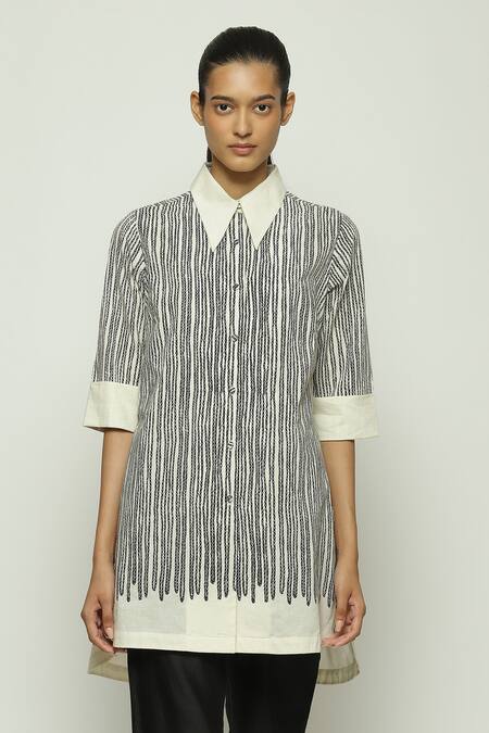 Abraham And Thakore Black Cotton Embroidery Collared Crewel Print Elbow Sleeves Shirt Online at Aza Fashions Abraham And Thakore_Black Cotton Embroidery Collared Crewel Print Elbow Sleeves Shirt _Online_at_Aza_Fashions