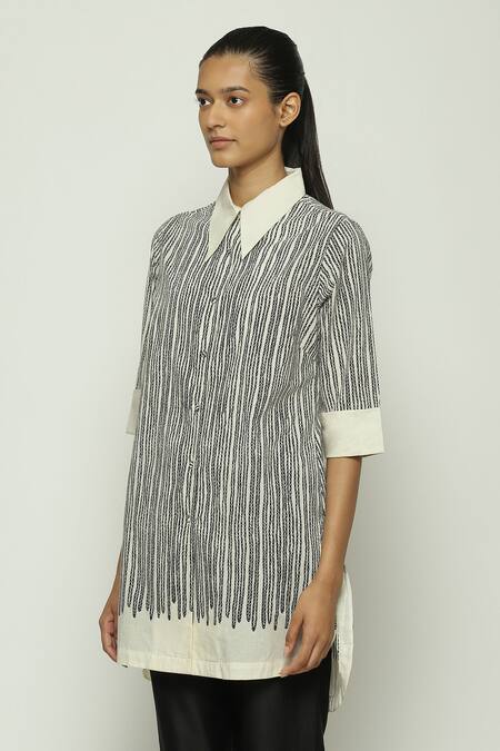 Buy Abraham And Thakore Black Cotton Embroidery Collared Crewel Print Elbow Sleeves Shirt Online at Aza Fashions Buy_Abraham And Thakore_Black Cotton Embroidery Collared Crewel Print Elbow Sleeves Shirt _Online_at_Aza_Fashions