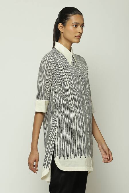 Shop Abraham And Thakore Black Cotton Embroidery Collared Crewel Print Elbow Sleeves Shirt Online at Aza Fashions Shop_Abraham And Thakore_Black Cotton Embroidery Collared Crewel Print Elbow Sleeves Shirt _Online_at_Aza_Fashions