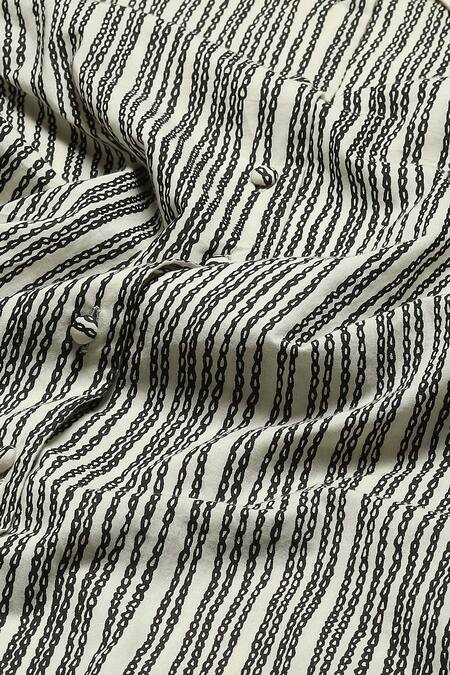 Buy Abraham And Thakore Black Cotton Embroidery Collared Crewel Print Elbow Sleeves Shirt Buy_Abraham And Thakore_Black Cotton Embroidery Collared Crewel Print Elbow Sleeves Shirt