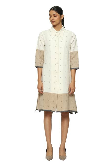 Abraham And Thakore_Beige Cotton Collared Jamdani Dot Pattern Shirt Dress_Online_at_Aza_Fashions