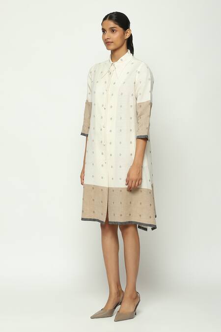 Buy_Abraham And Thakore_Beige Cotton Collared Jamdani Dot Pattern Shirt Dress_Online_at_Aza_Fashions