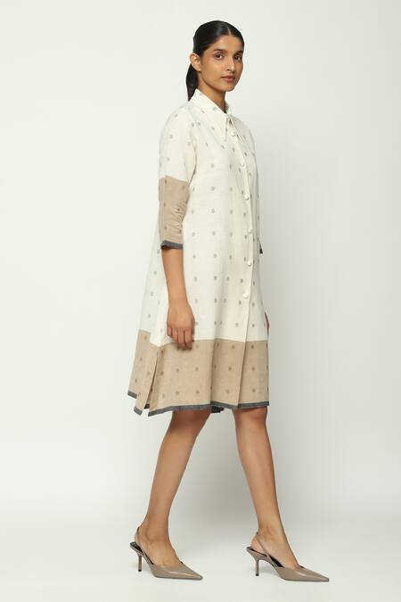 Shop_Abraham And Thakore_Beige Cotton Collared Jamdani Dot Pattern Shirt Dress_Online_at_Aza_Fashions