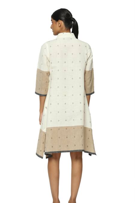 Abraham And Thakore_Beige Cotton Collared Jamdani Dot Pattern Shirt Dress_at_Aza_Fashions