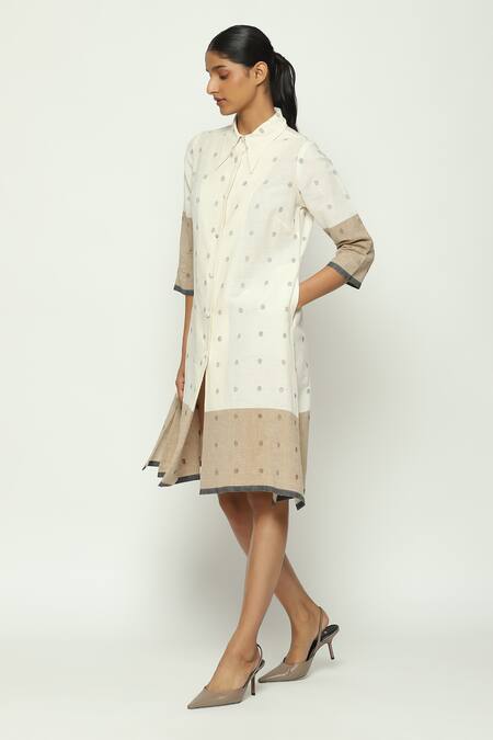 Buy_Abraham And Thakore_Beige Cotton Collared Jamdani Dot Pattern Shirt Dress