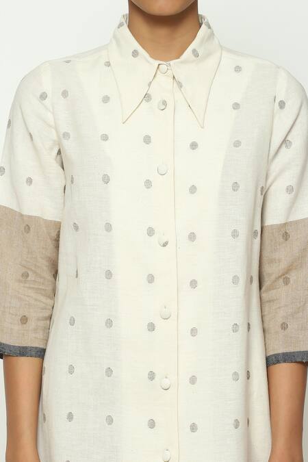 Shop_Abraham And Thakore_Beige Cotton Collared Jamdani Dot Pattern Shirt Dress