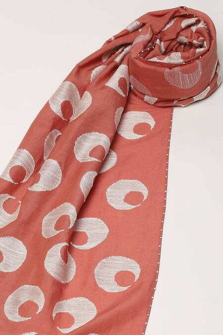 Shop Abraham And Thakore Red Ottoman Moon Pattern Scarf at Aza Fashions Shop_Abraham And Thakore_Red Ottoman Moon Pattern Scarf_at_Aza_Fashions