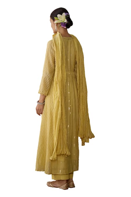 Shop_Kritika Dawar_Yellow Chanderi, Cotton Sequins, Embroidery Split V-neck Kurta Set _Online_at_Aza_Fashions