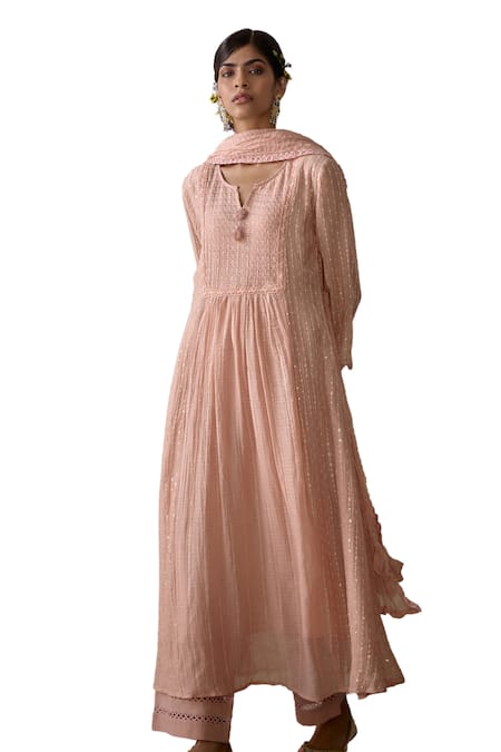 Kritika Dawar_Pink Chanderi, Cotton Sequins, Embroidery, Lace Split V-neck A-line Kurta Set _Online_at_Aza_Fashions