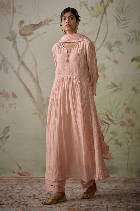 Buy_Kritika Dawar_Pink Chanderi, Cotton Sequins, Embroidery, Lace Split V-neck A-line Kurta Set _Online_at_Aza_Fashions