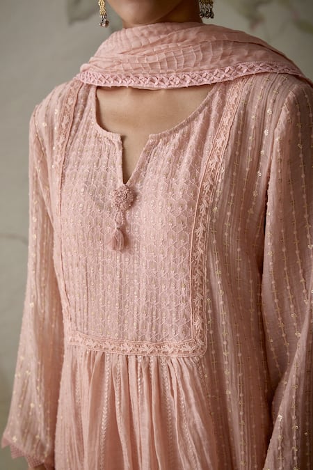 Shop_Kritika Dawar_Pink Chanderi, Cotton Sequins, Embroidery, Lace Split V-neck A-line Kurta Set _Online_at_Aza_Fashions