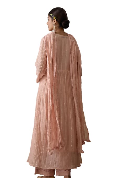 Kritika Dawar_Pink Chanderi, Cotton Sequins, Embroidery, Lace Split V-neck A-line Kurta Set _at_Aza_Fashions