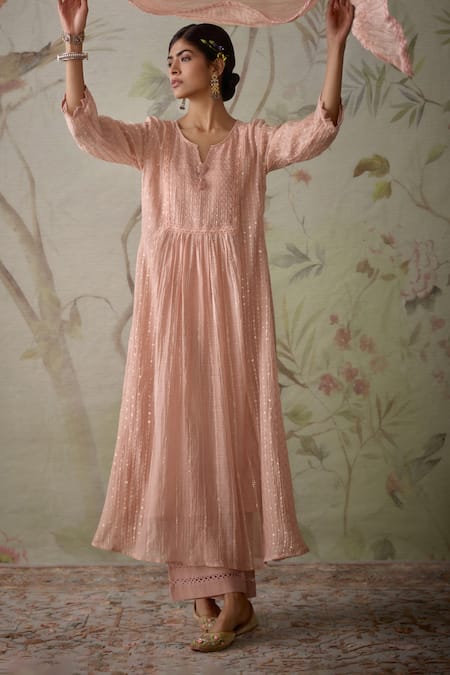 Buy_Kritika Dawar_Pink Chanderi, Cotton Sequins, Embroidery, Lace Split V-neck A-line Kurta Set 