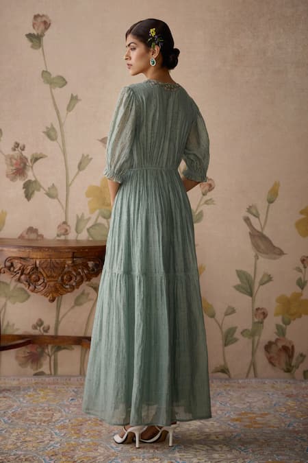 Shop_Kritika Dawar_Blue Chanderi Embroidery Plunge Neck Hand Block Print Dress _at_Aza_Fashions