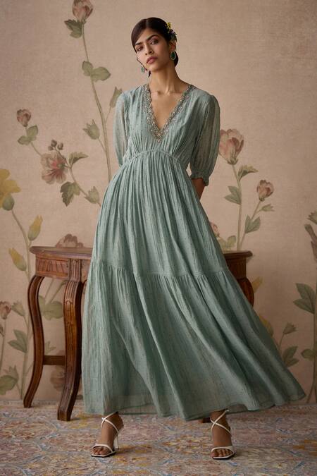 Shop_Kritika Dawar_Blue Chanderi Embroidery Plunge Neck Hand Block Print Dress _Online_at_Aza_Fashions