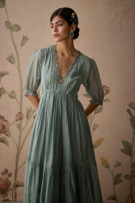 Kritika Dawar_Blue Chanderi Embroidery Plunge Neck Hand Block Print Dress _at_Aza_Fashions