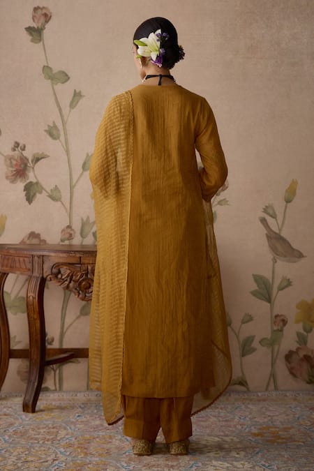Shop_Kritika Dawar_Yellow Tissue, Organza Sequins, Beads V-neck Hand Embroidered Kurta Set _at_Aza_Fashions
