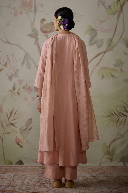 Kritika Dawar_Pink Chanderi, Cotton Embroidery, Lace V-neck Leaf Hand Yoke Kurta Set _Online_at_Aza_Fashions