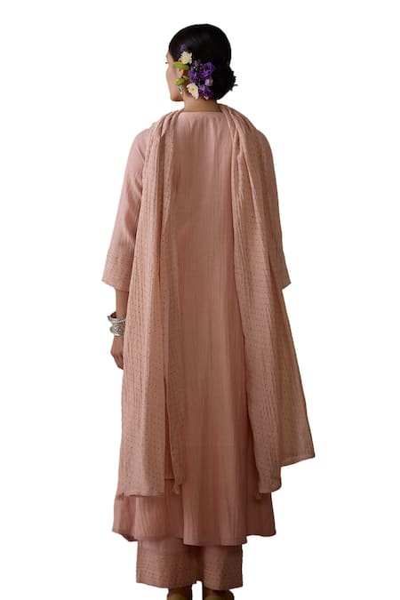 Shop_Kritika Dawar_Pink Chanderi, Cotton Embroidery, Lace V-neck Leaf Hand Yoke Kurta Set _Online_at_Aza_Fashions